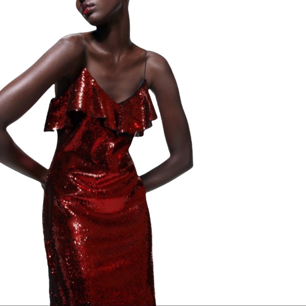 NWT ZARA Red Sequins Ruffle Neckline Mini Dress. Size XS - Picture 8 of 13